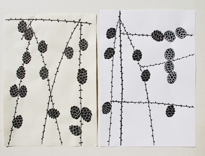 Carmen Müller, Lärchenzweige, Tusche auf Papier, 2018