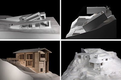 Vier der in der Ausstellung gezeigten Modelle von Häusern von Jean Nouvel, Eduardo Souto de Moura, Peter Zumthor und Alberto Ponis – © Alberto Canepa, Marco Cappelletti Vier der in der Ausstellung gezeigten Modelle von Häusern von Jean Nouvel, Eduardo Souto de Moura, Peter Zumthor und Alberto Ponis