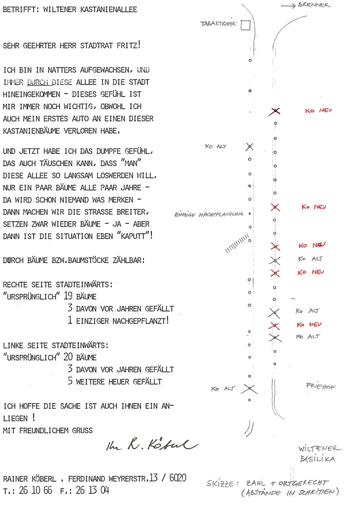 Schreiben und Skizze von Rainer Köberl, 2001