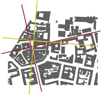Schwarzplan der Innsbrucker Altstadt; rote Linien: primäres Richtungssystem; grüne Linien: sekundäres Richtungssystem