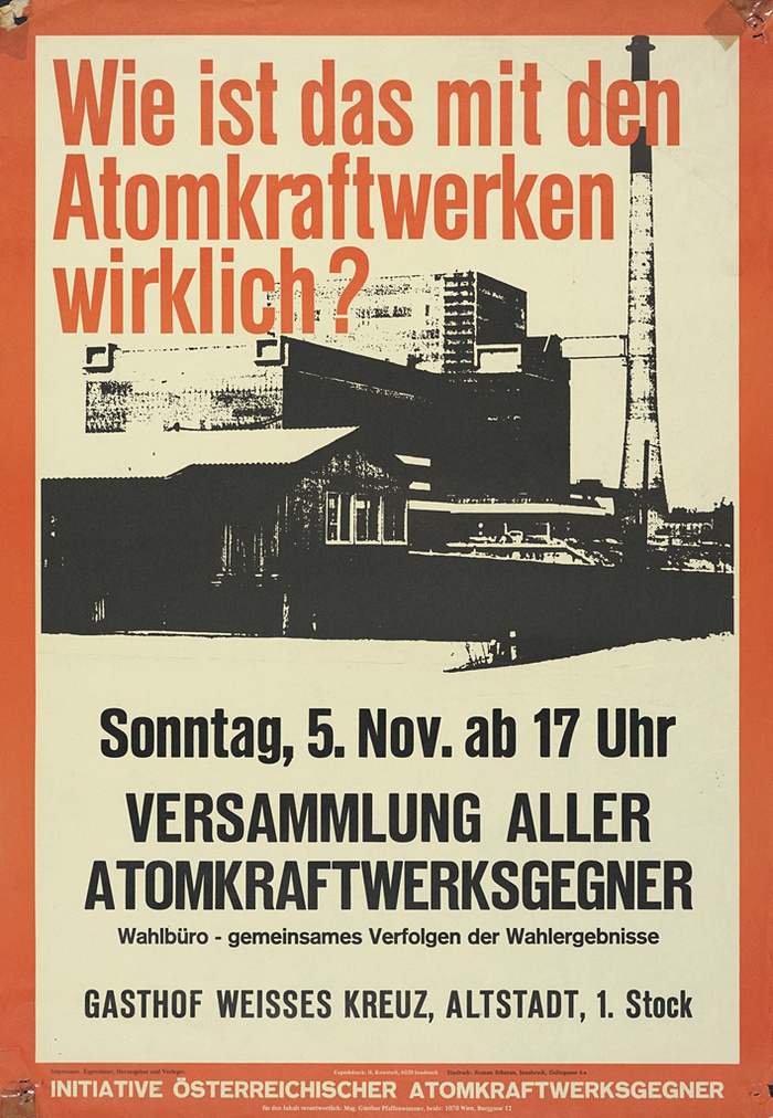 Plakat der Initiative Österreichischer Atomkraftwerksgegner für eine Versammlung im Gasthof Weißes Kreuz in Innsbruck