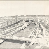 Viktor Hufnagl, Perspektive Donaukanal, Wien, ca. 1975, Tusche auf Transparentpapier, 109 x 66 cm